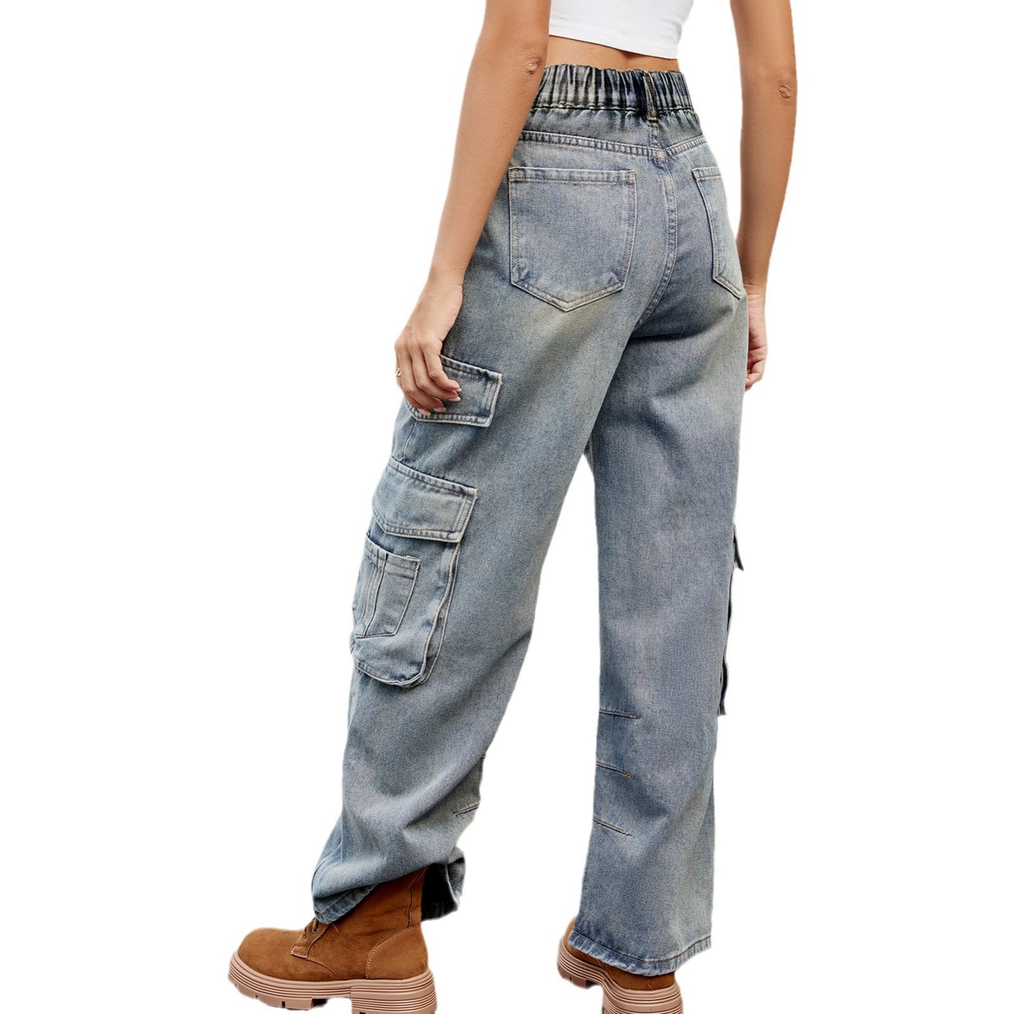 Women's Washed Half Elastic Loose Denim Overalls Women's Jeans