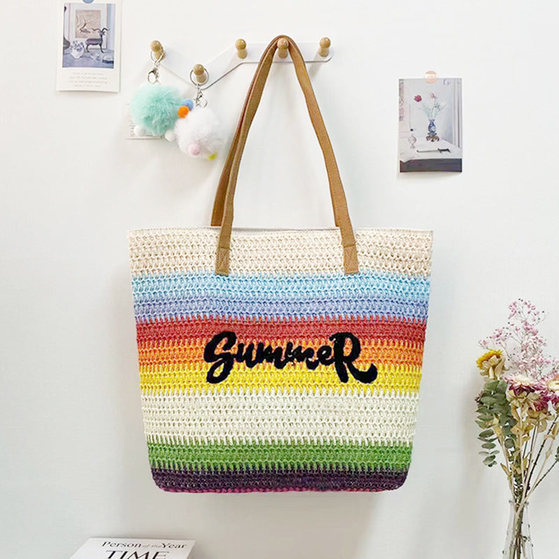 Women's Straw Shopping Striped Letters Beach Shoulder Bags