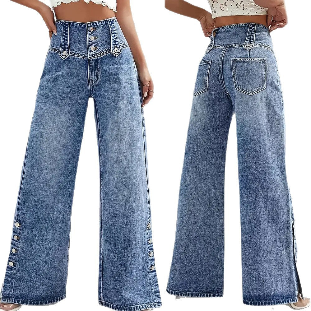 Women's Flower Hem Slit Denim Trousers High Jeans