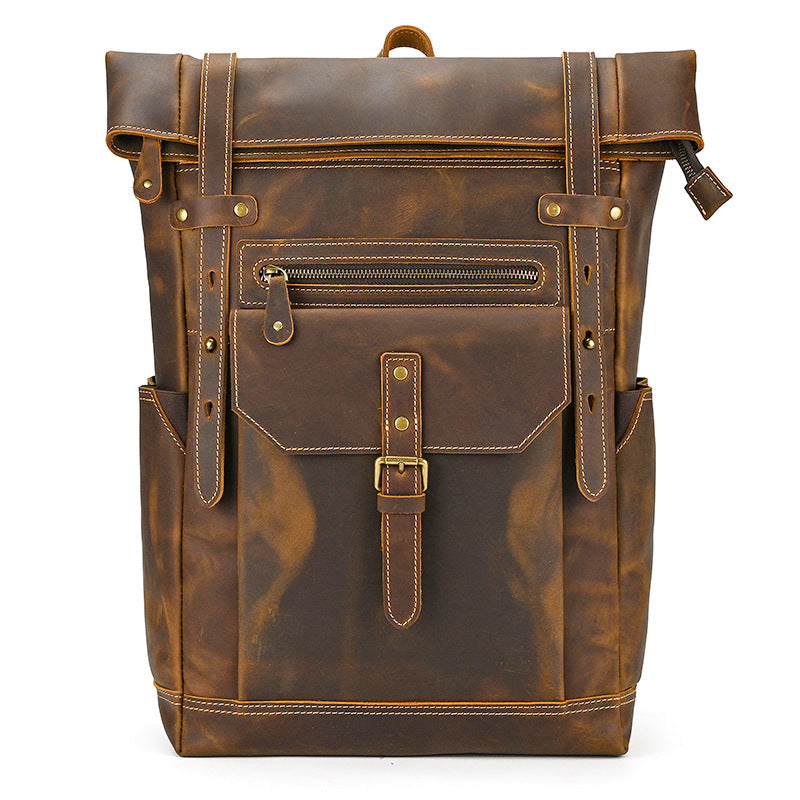 Men's Retro Crazy Horse Leather Cowhide Large Backpacks