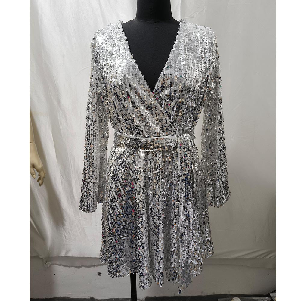 Women's Color Belt Loose Version Sequins Dress Dresses