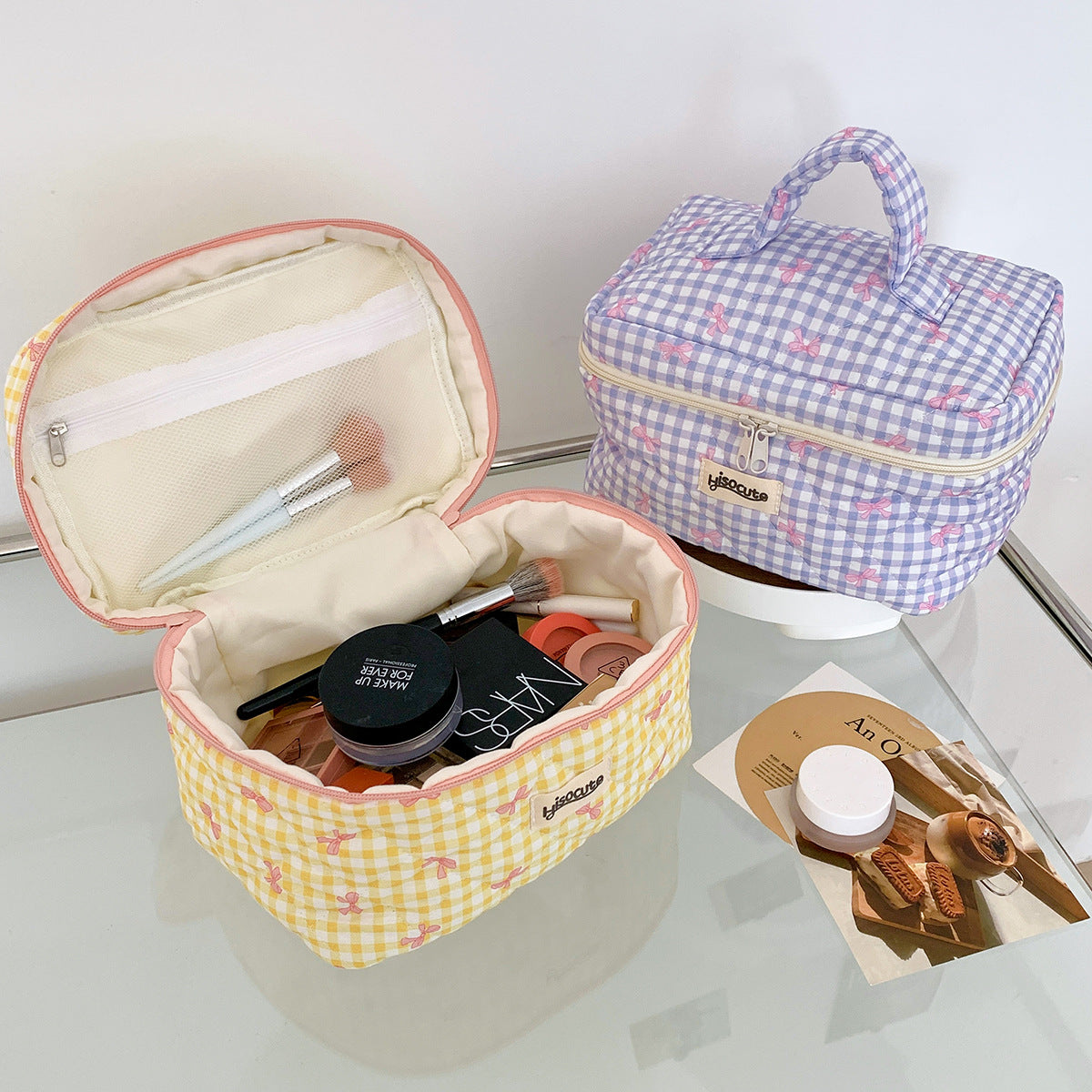 Simple Plaid Korean Style Bow Large Cosmetic Bags