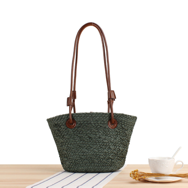Solid Color Woven Contrast Large Capacity Tote Bags