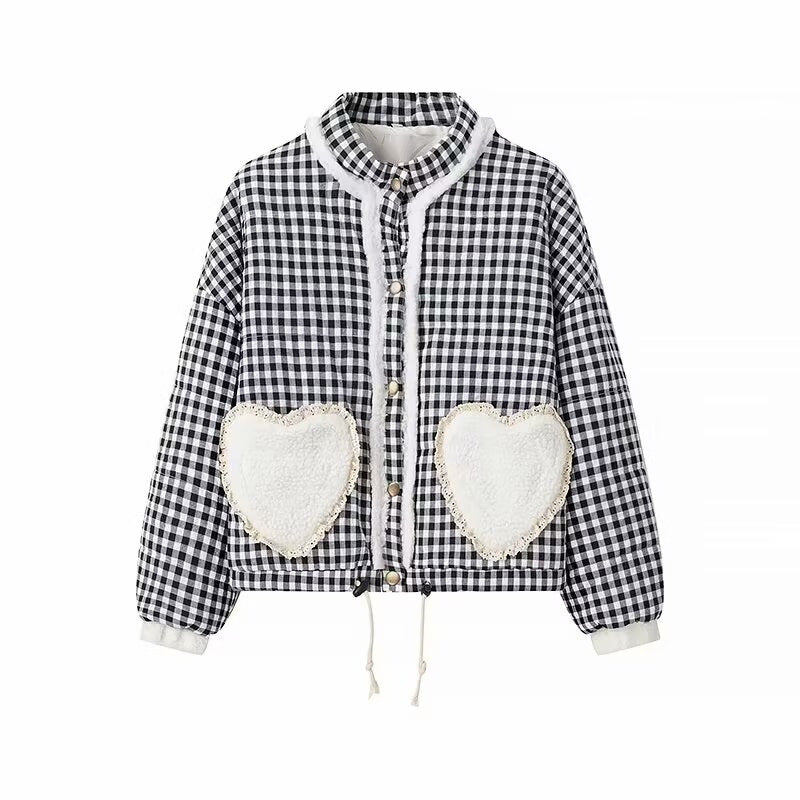 Women's Autumn Fashion Casual Plaid Love Lace Trim Coats