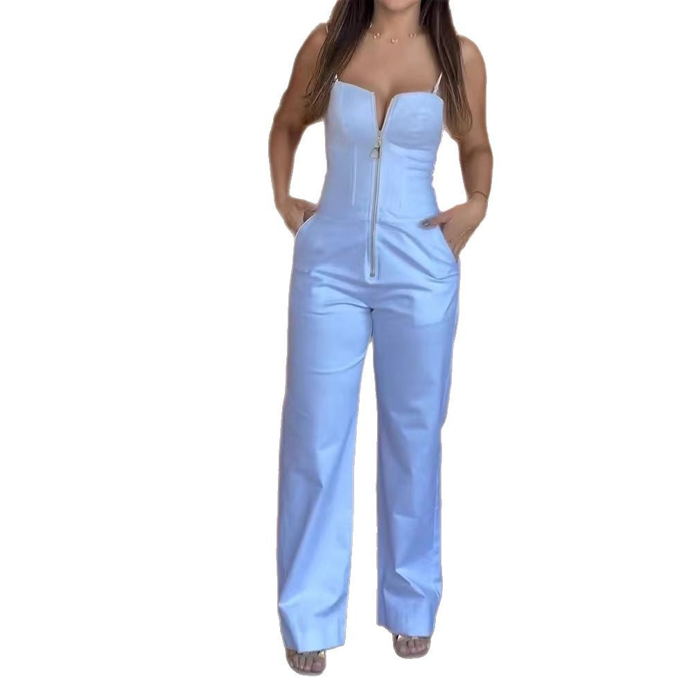 Unique Summer Solid Color Sling Pocket Jumpsuits