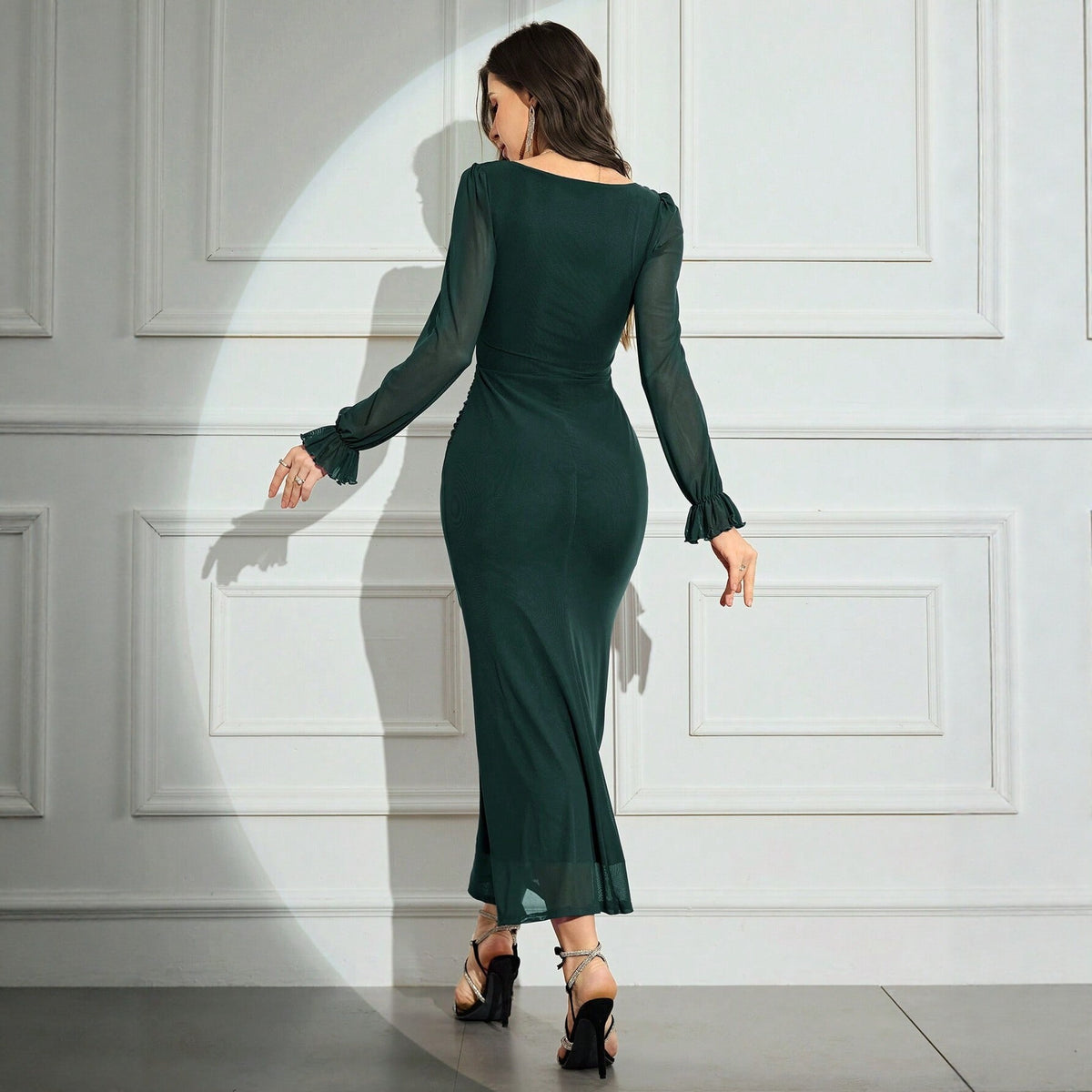 Women's Printed Square Collar Mesh Tight Elegant Long Sleeve Lotus Dress