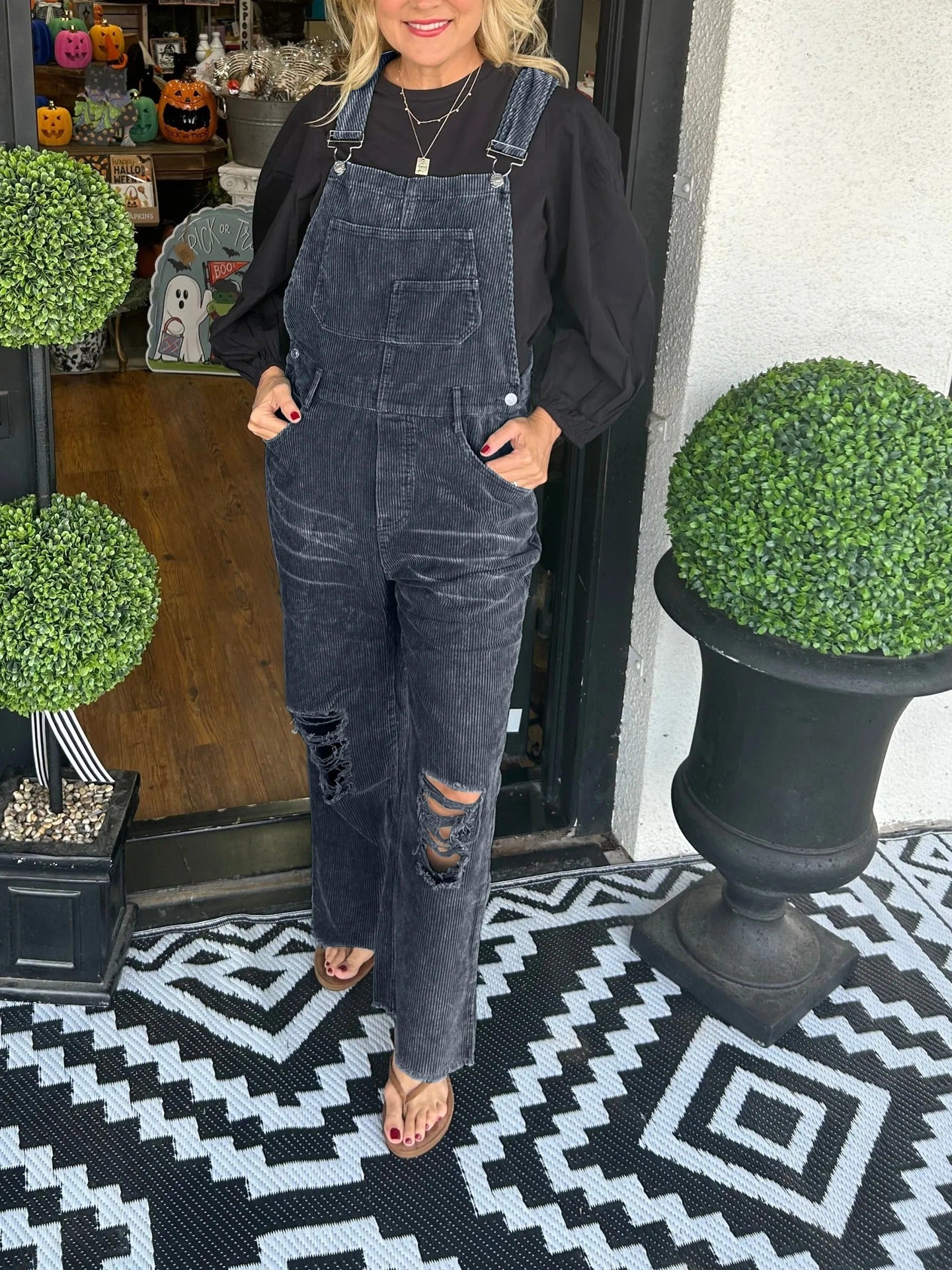 Women's Versatile Corduroy Button Pocket Ripped Suits