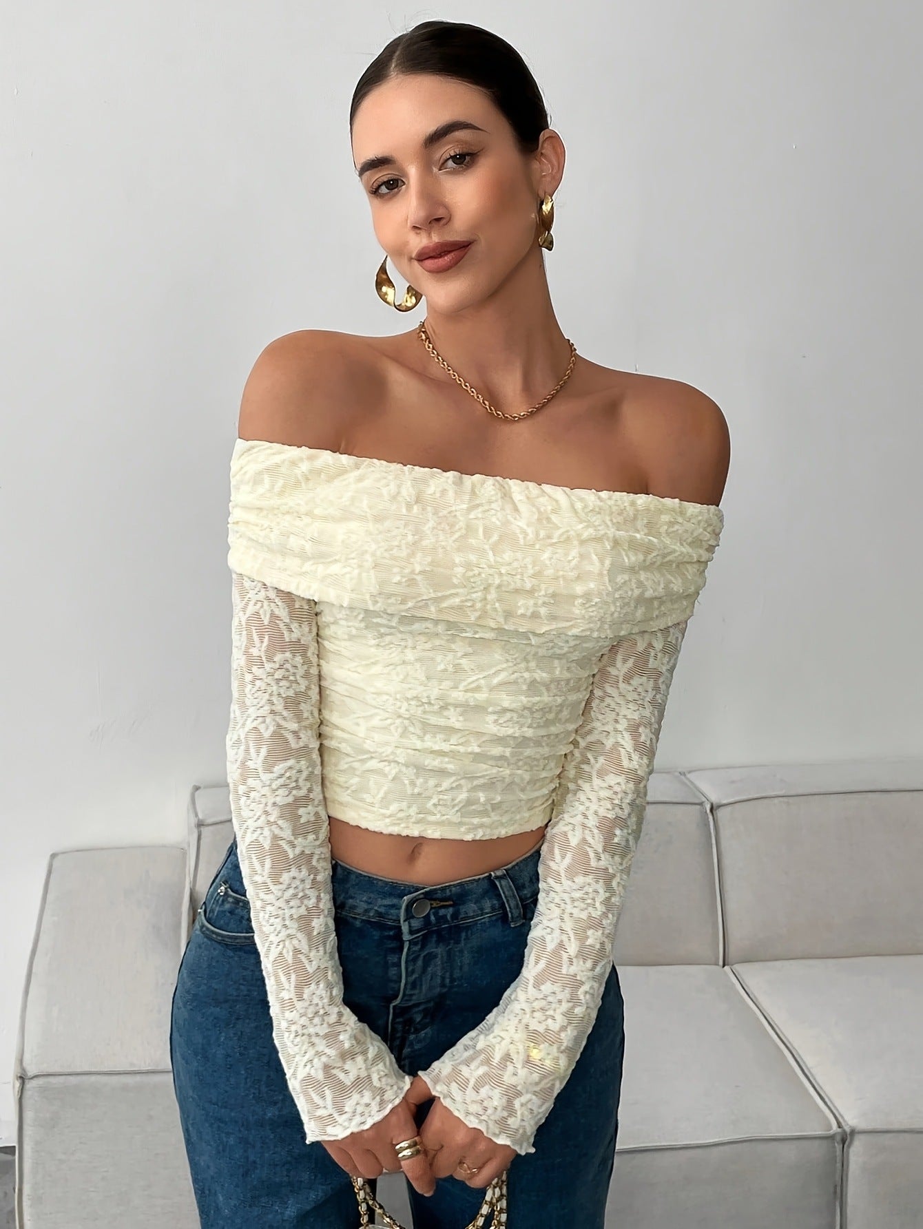 Women's Flower Lace Collar Long Sleeve Backless Blouses