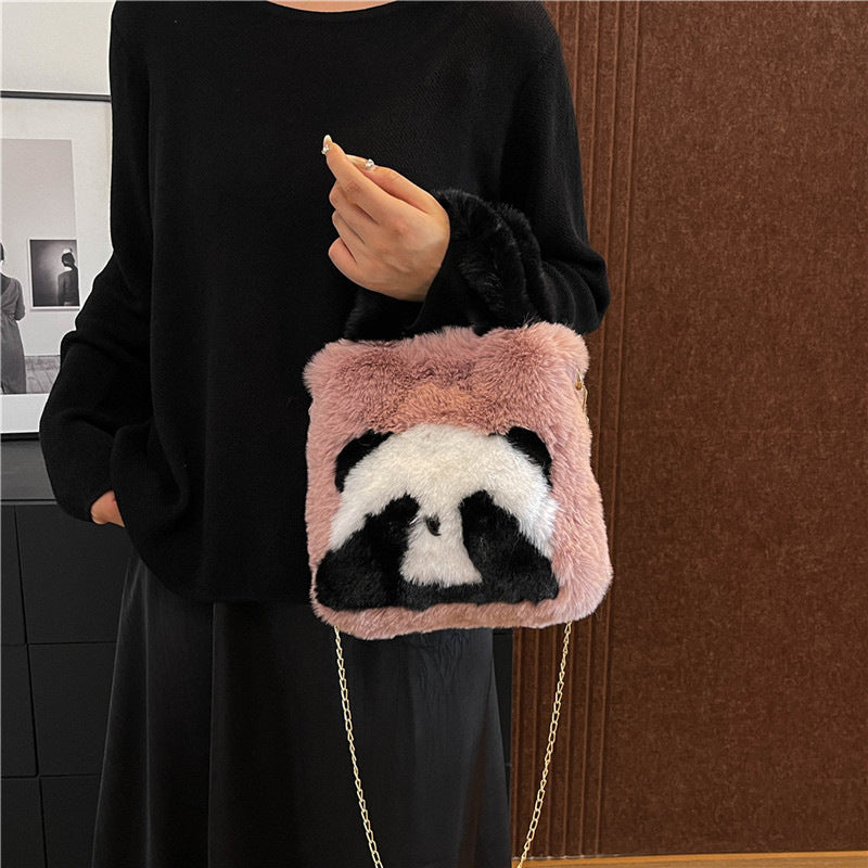 Panda Plush Cute Face Covering Large Crossbody Bags