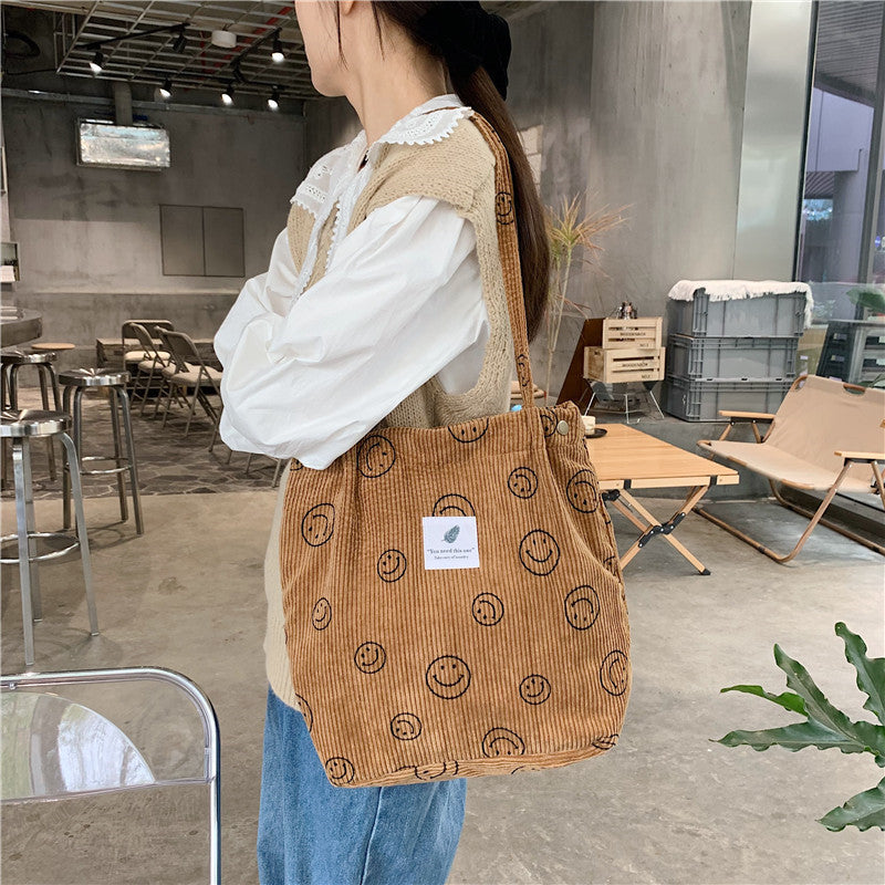 Retro Corduroy Smiley Face Female Class Canvas Tote Bags