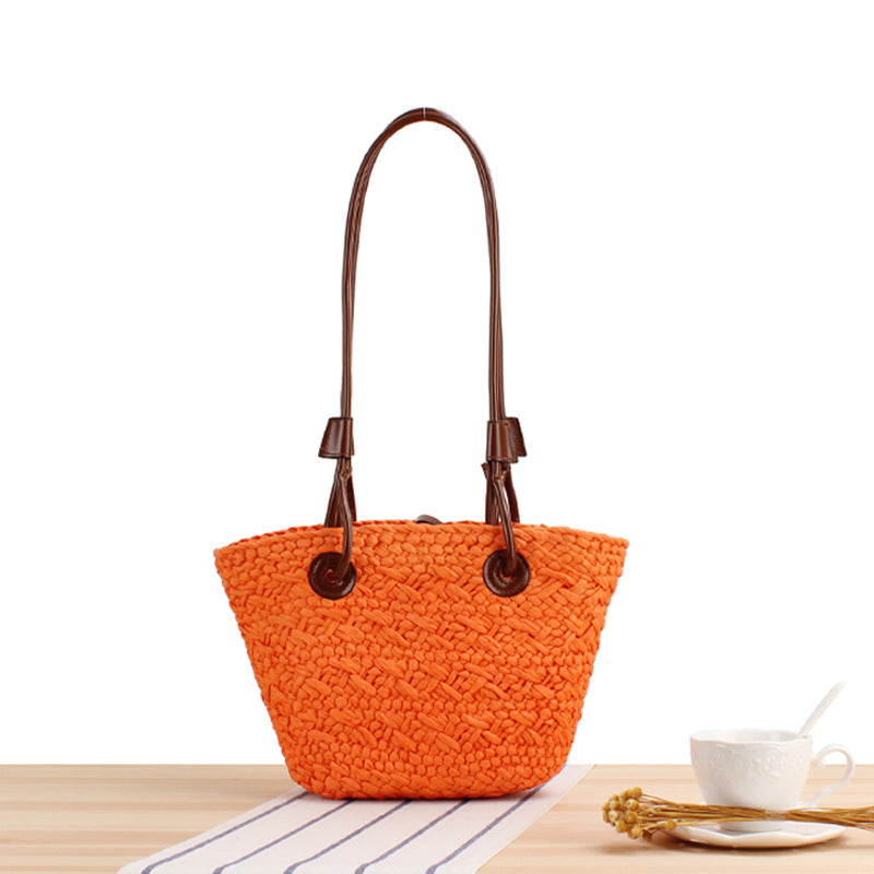 Solid Color Woven Contrast Large Capacity Tote Bags