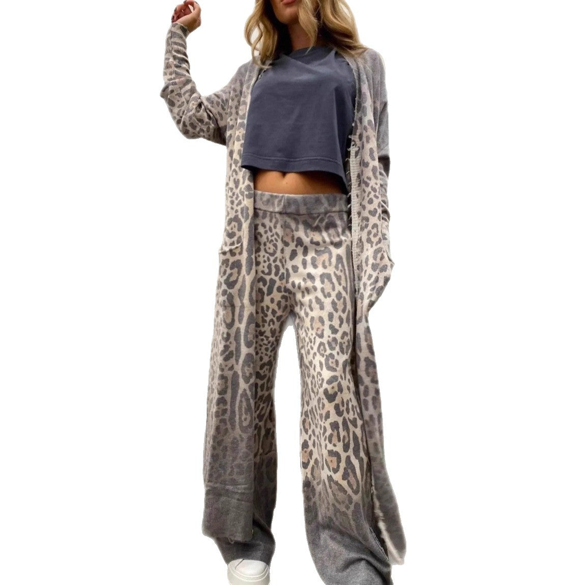 Women's Spring Leopard Print Long Sleeve Trousers Two-piece Suits
