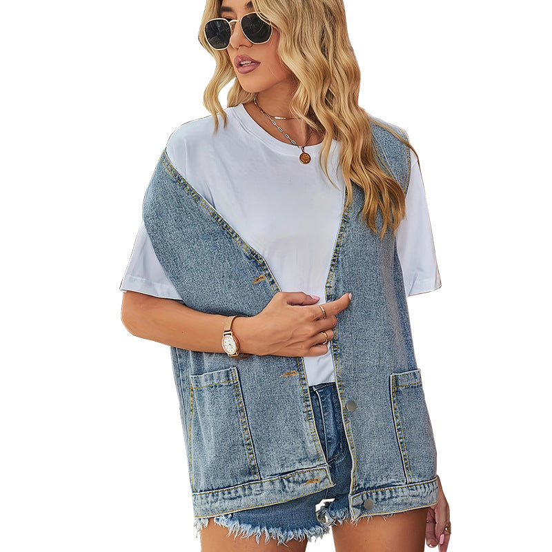 Women's Large Loose Pocket Denim Summer Sleeveless Vests