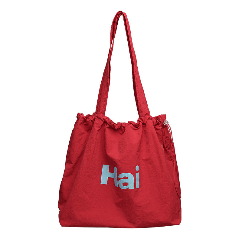 Women's Pleated Canvas Fashionable Letter Printed Drawstring Shoulder Bags