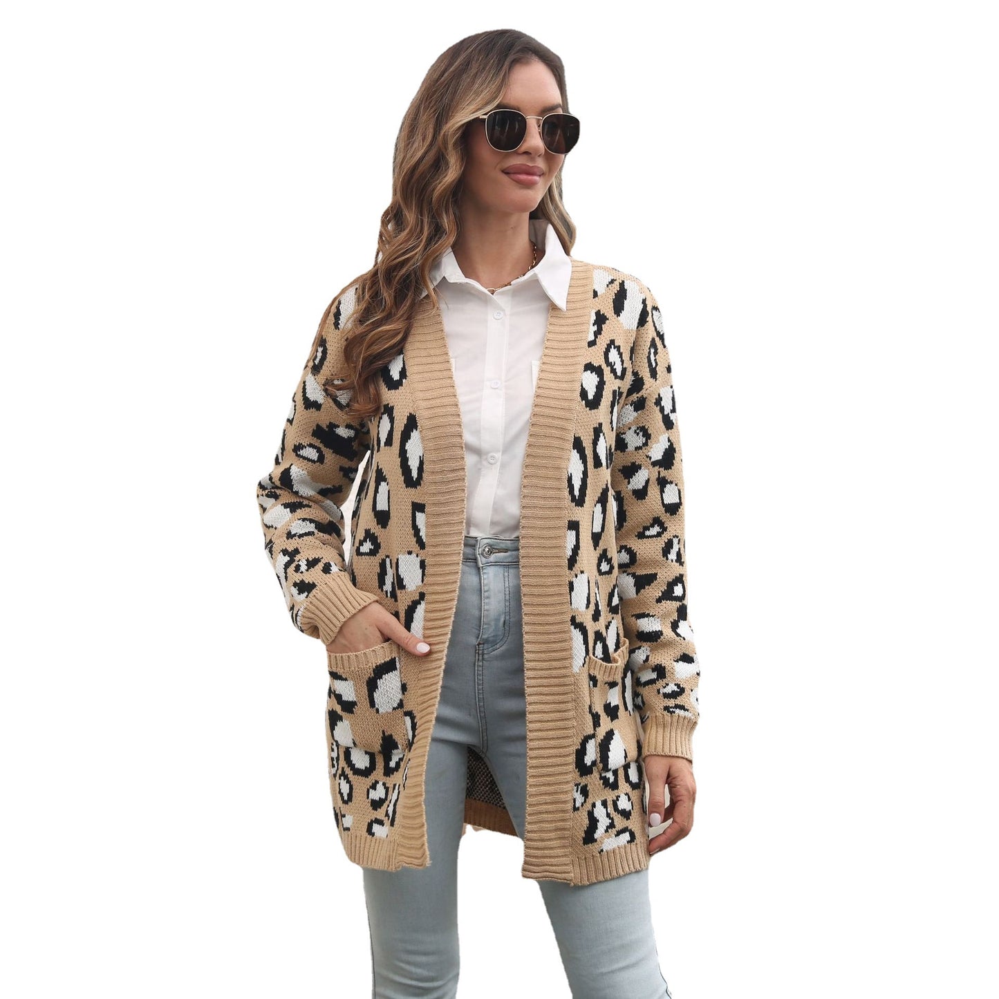 Women's Leopard Jacquard Pocket Long Knitted Loose Sweaters