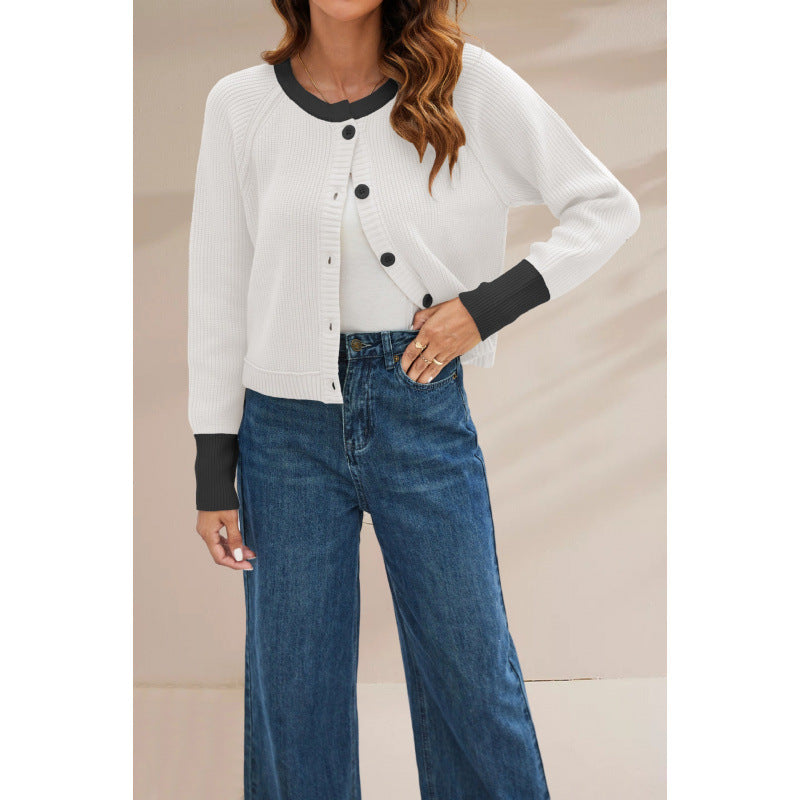 Women's Fashion Round Neck Single Row Button Contrast Color Sweaters