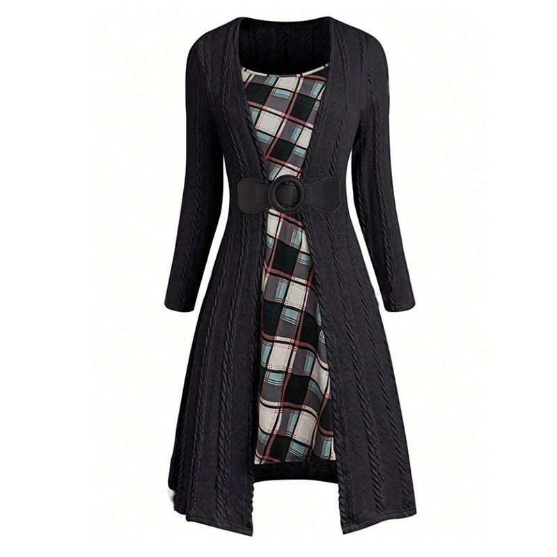 Fashion Bowknot Plaid Two-piece Knitted Dress Suits