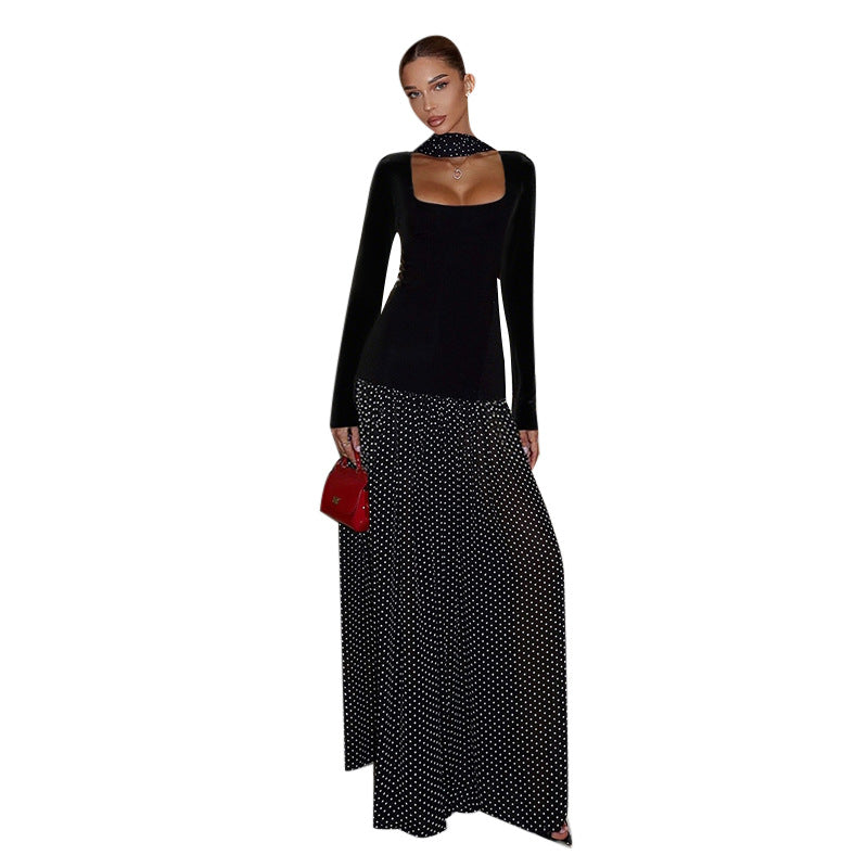 Collar Long Sleeve Stitching Polka Dot A- Line Dresses