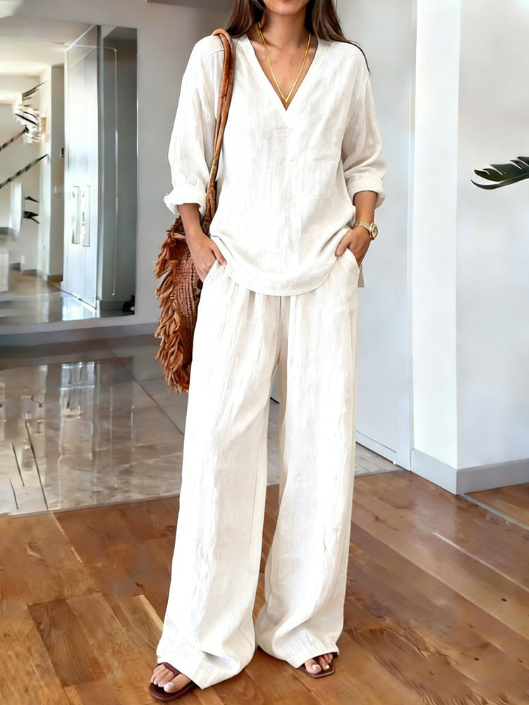 Women's Pullover Long Sleeve Washed Cotton Summer Fashion Casual Suit