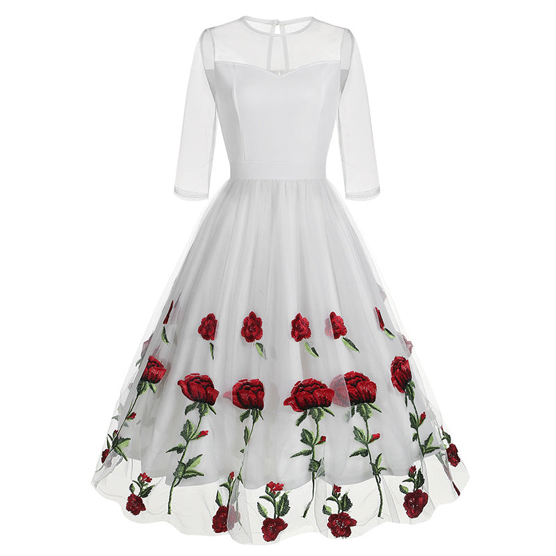 Round Collar Gauze Rose Embroidered Vintage Dresses