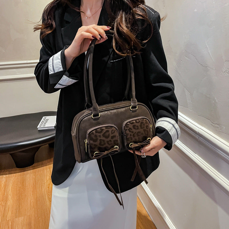 Women's Korean Style Trendy Double Pocket Bowknot Bowling Underarm Shoulder Bags