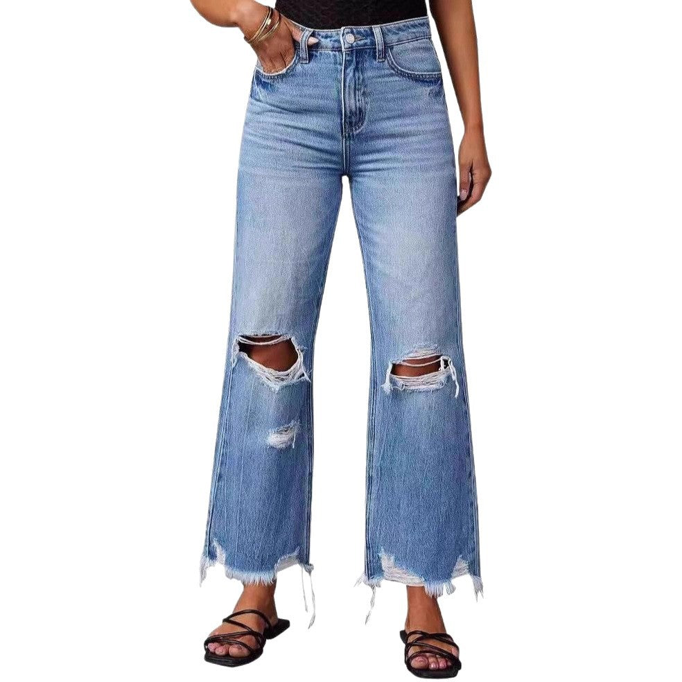 Women's Ripped Tassel Personality Street High Waist Straight Casual Wide Leg Clothing