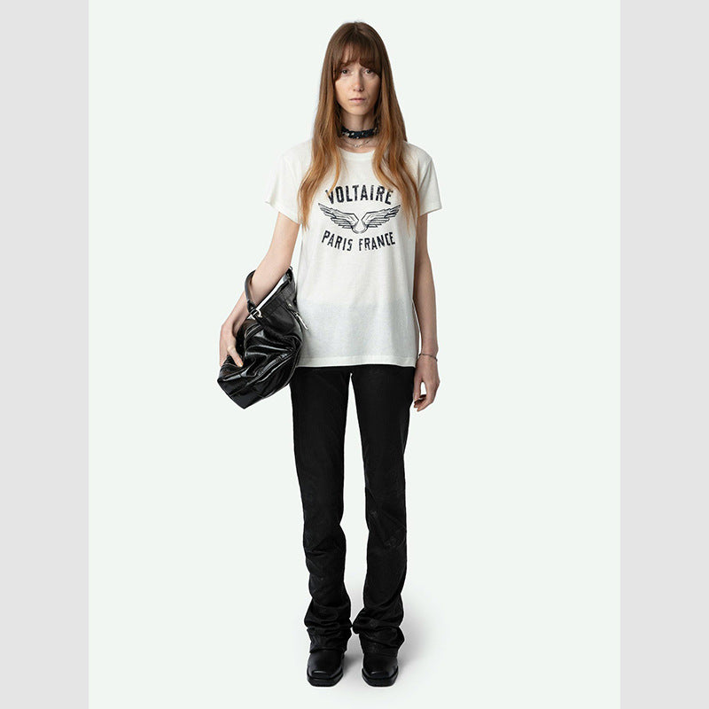 Women's French Niche Wings Letter Printed Linen Blouses