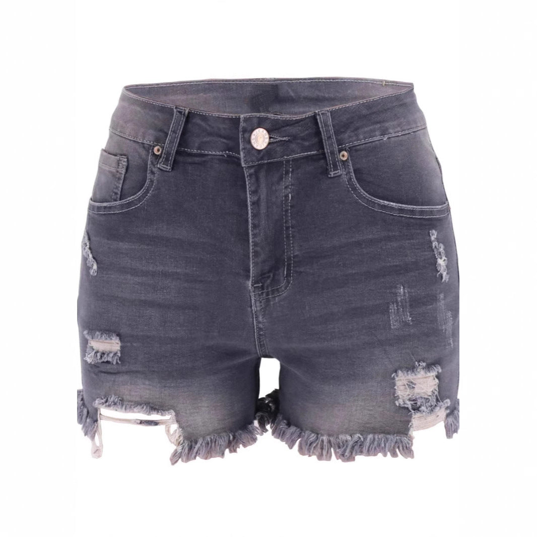 Women's Denim High Waist Elastic Hole Shorts