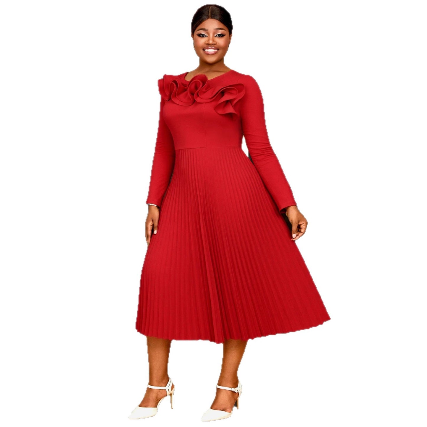 Neck Lotus Leaf Three-dimensional Shape Dress Long Sleeve Dresses