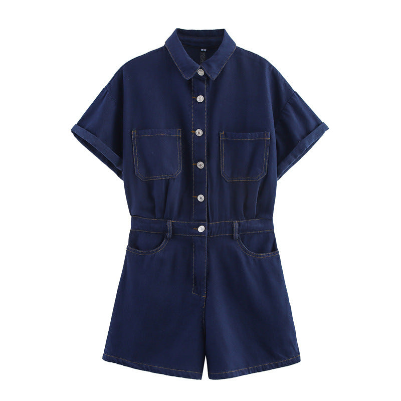 Women's Summer Rollneck Shirt Pocket Decoration Denim Jumpsuits