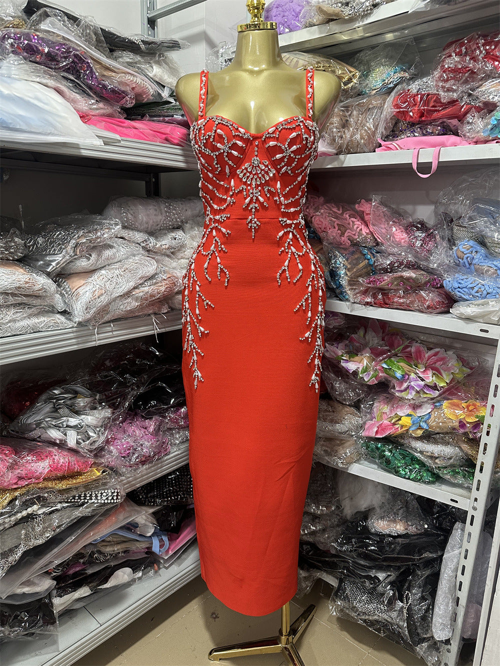 Elegant Graceful Suspender Dress Beaded Slim Stretch Bandage Dresses