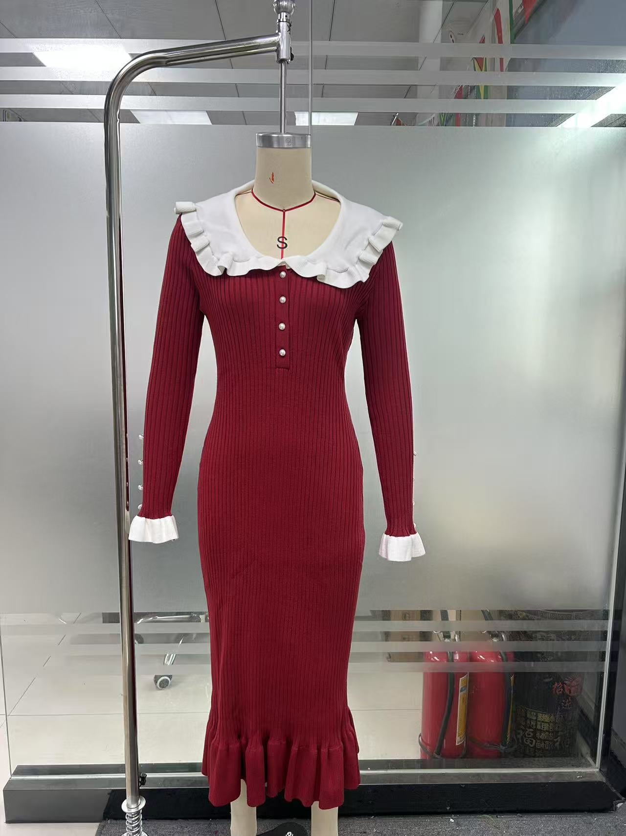 Retro Lady French Dress Ruffled Knitted Dresses