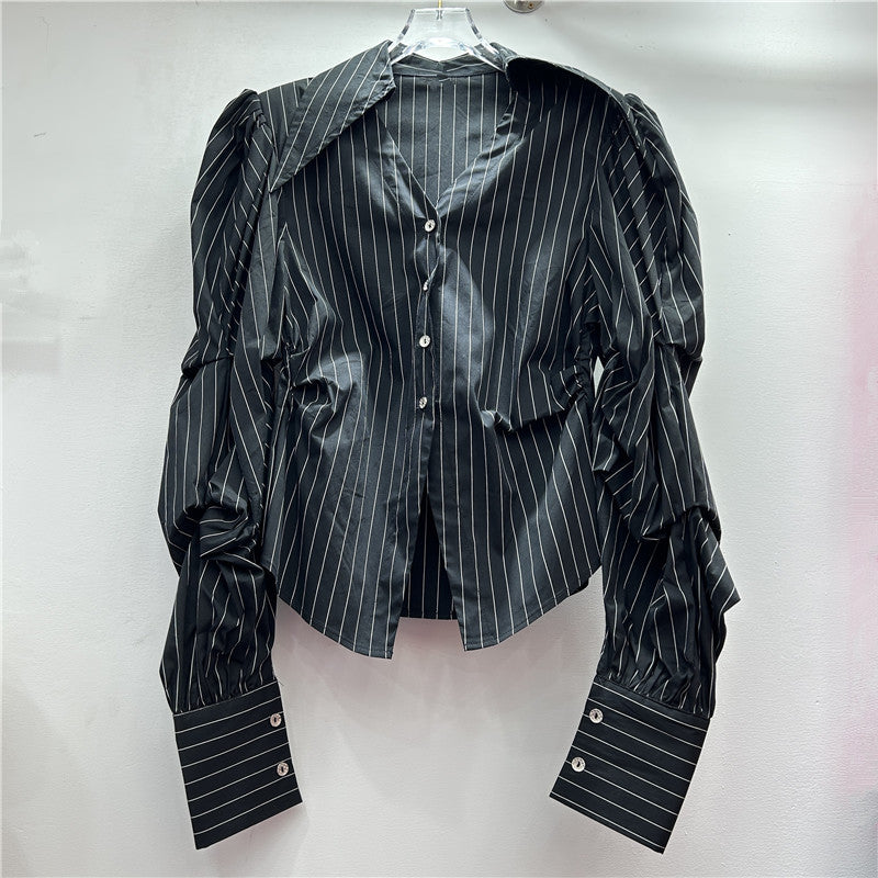 Women's Spring Lapel Long Sleeve Elegant Pleated Blouses