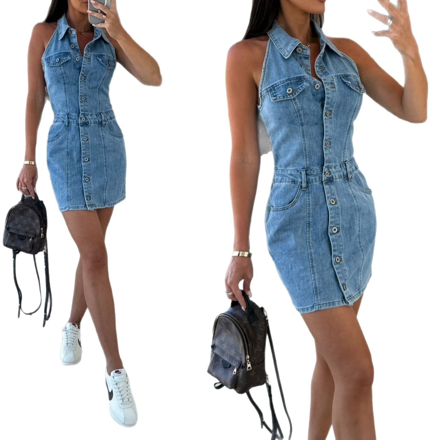 Women's Summer Single-breasted Lapel Sleeveless Waist A- Dresses