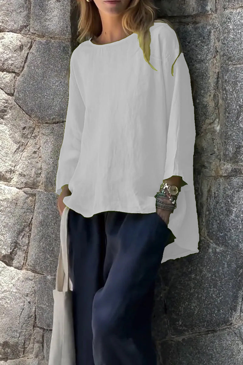 Women's Sleeve Round Neck Cotton Linen Loose Tops