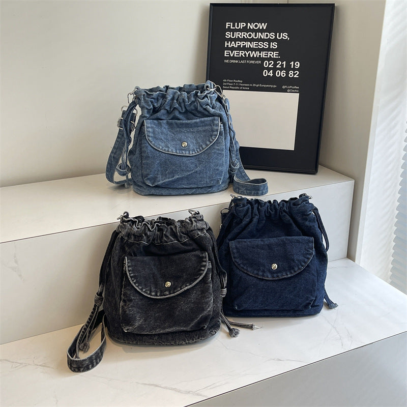 Women's Denim Large Capacity Retro Drawstring Pleated Niche Crossbody Bags