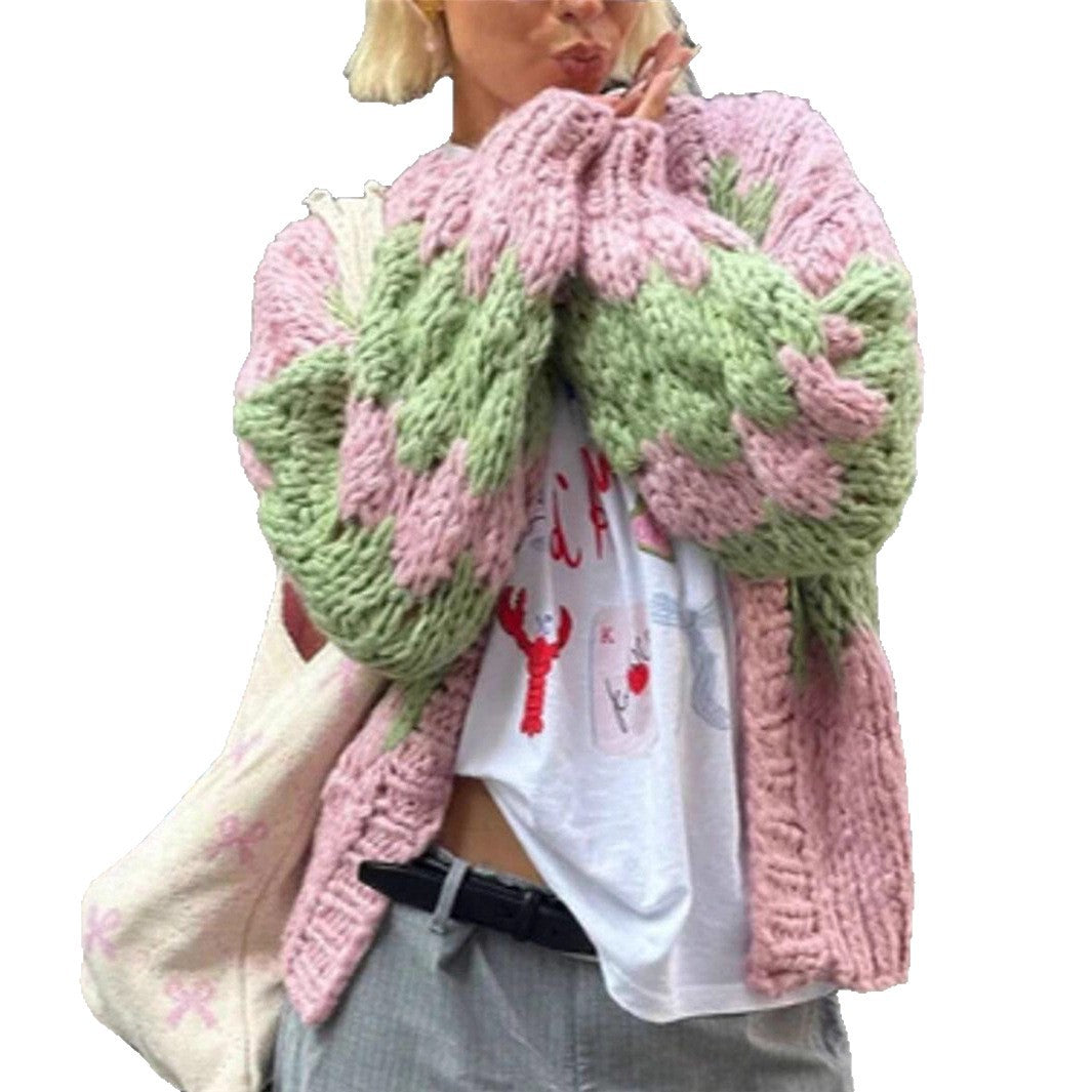 Women's Casual Jacquard Knitted Contrast Color Ladies Sweaters