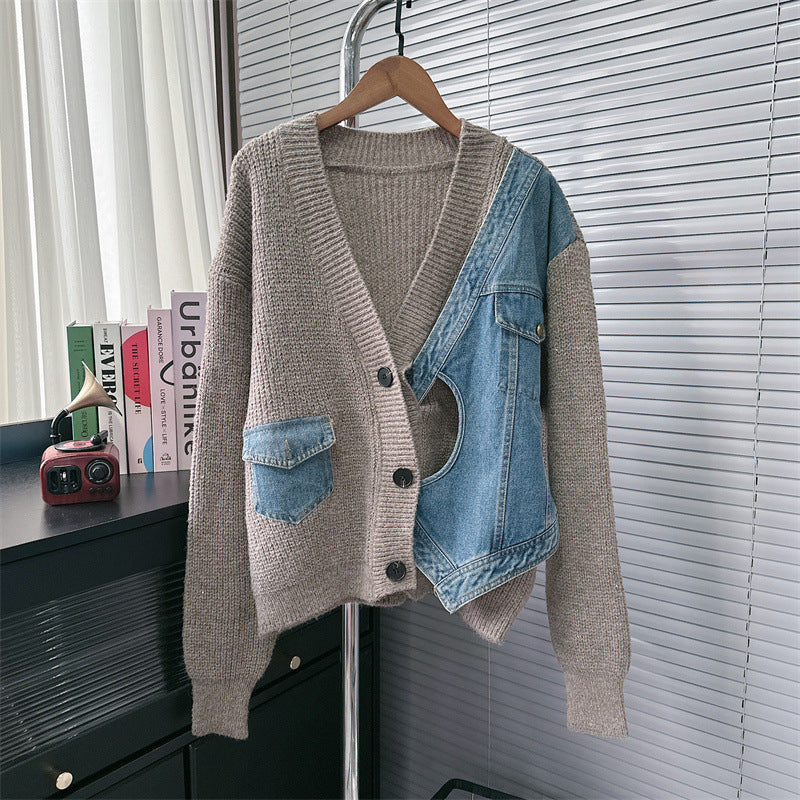 Women's Sense Irregular Denim Stitching Korean Style Loose Knitwear