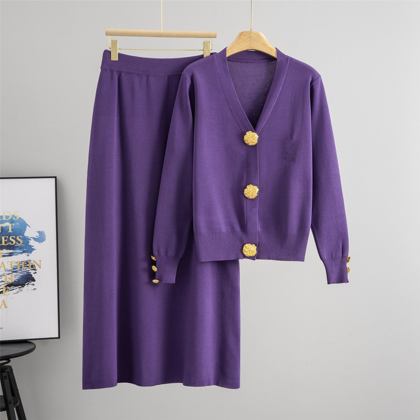 Women's Elegant Large Metal Buckle Knitted Two-piece Fashion Casual Suit