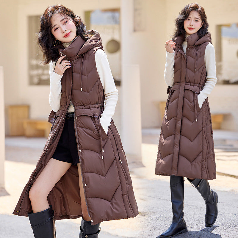 Women's Down Cotton Long Korean Thickened Hooded Vests