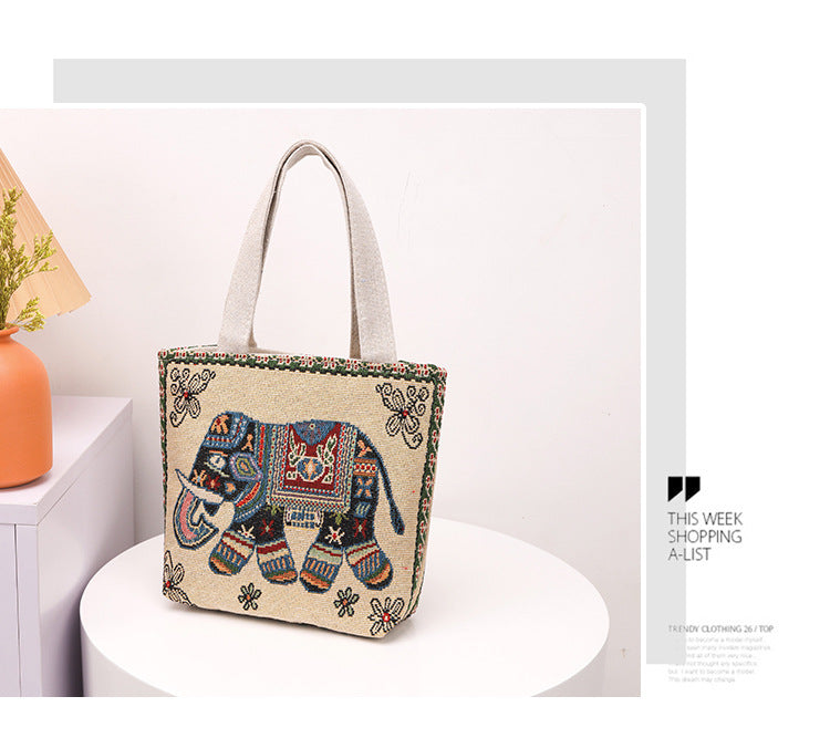Silk Jacquard Embroidered Elephant Couple Tuition Tote Bags