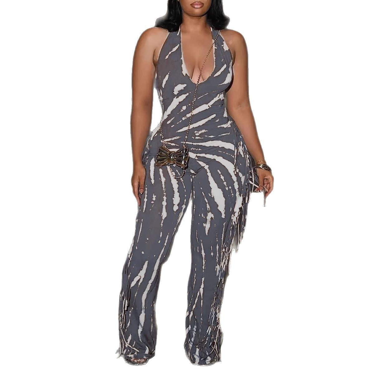 Elegant Sexy Stretch Backless Tassel Printed Blouses