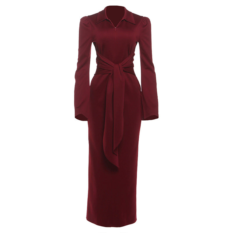 Women's Color Temperament Lapel Waist Tight Lace Dresses