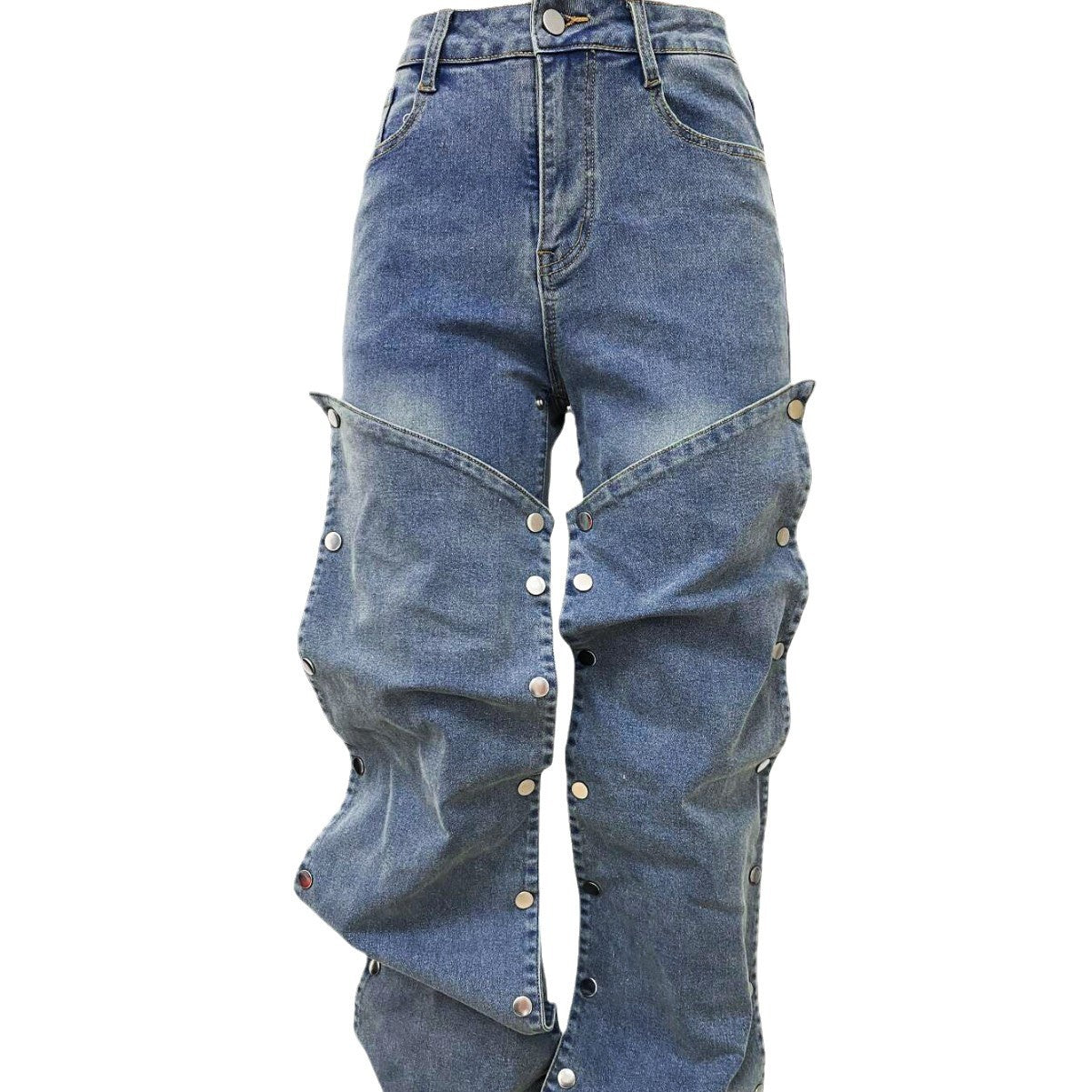 Women's Fashion Clinch Denim Decorative Loose Trousers Jeans