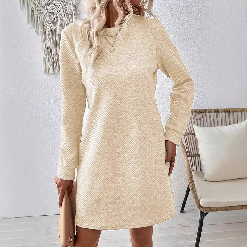 Women's Solid Color Oblique Plaid Texture Round Neck Long Sleeve Dress