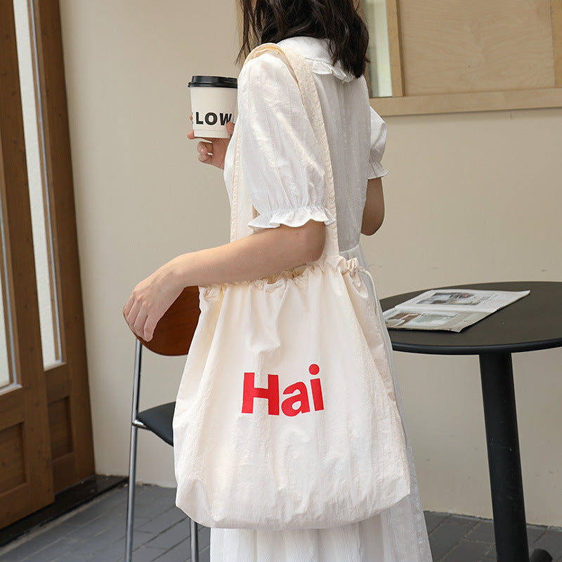 Women's Pleated Canvas Fashionable Letter Printed Drawstring Shoulder Bags