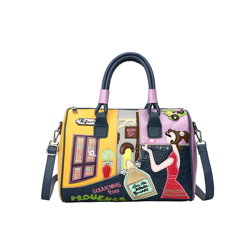 Retro Large Capacity Portable Boston Niche Embroidered Patch Crossbody Bags