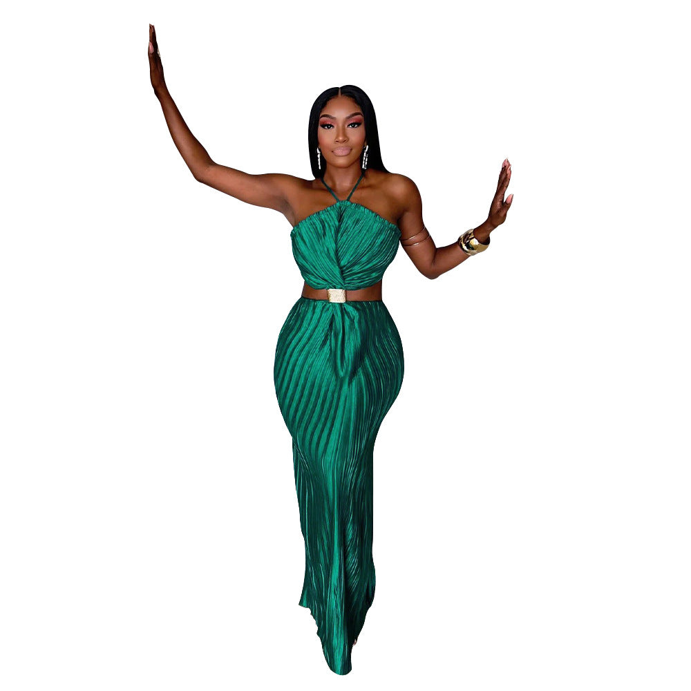 Women's Pleated Sexy Lacing Dress Back Slit Dresses