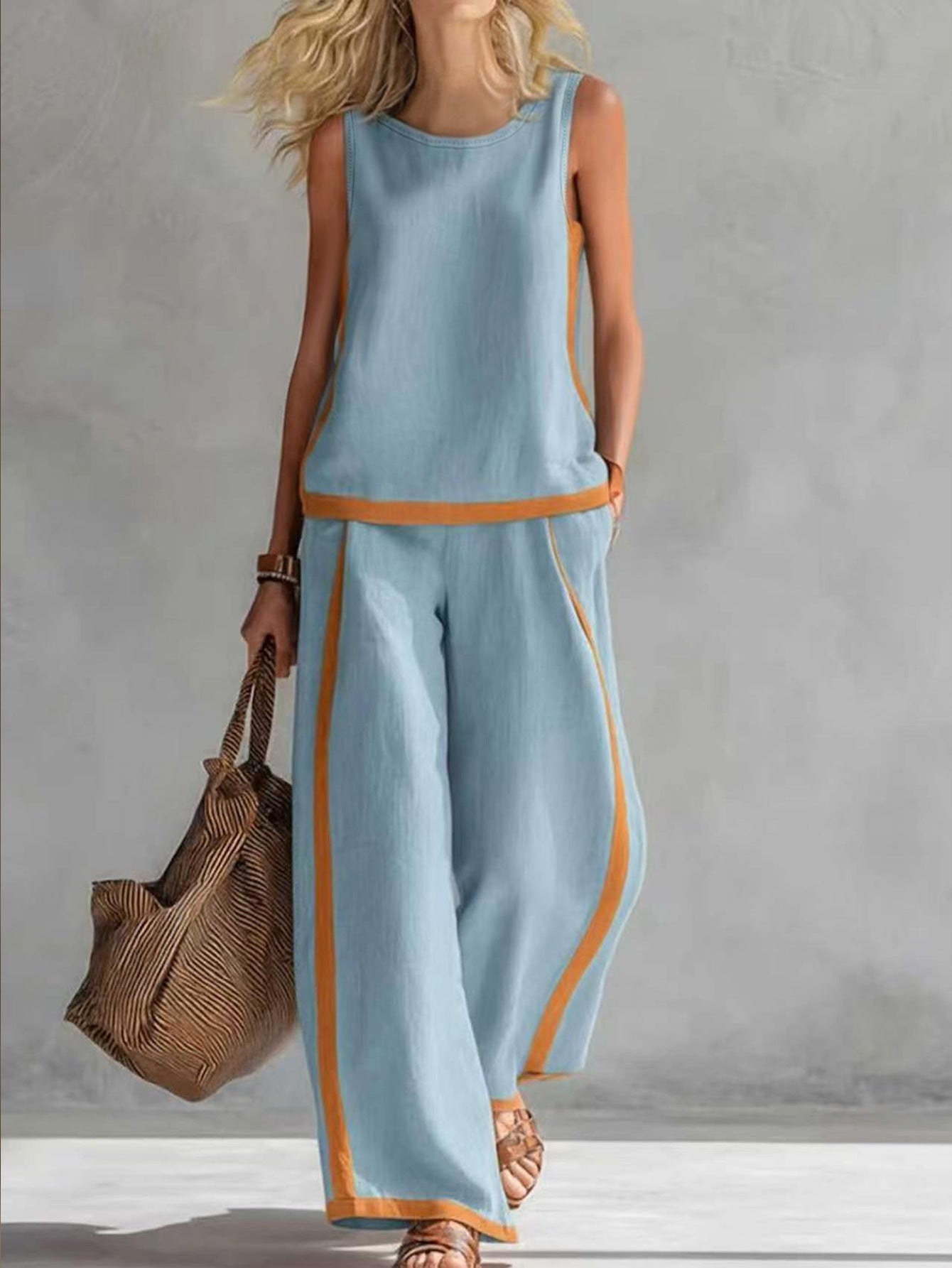 Women's Sleeveless Contrast Color Summer Two-piece Trendy Fashion Casual Suit