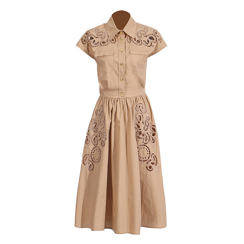 Women's Summer Lapel Short-sleeved Single-breasted Embroidered Hollow Skirts